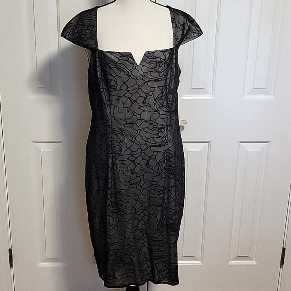 David Meister Black Floral Midi Dress